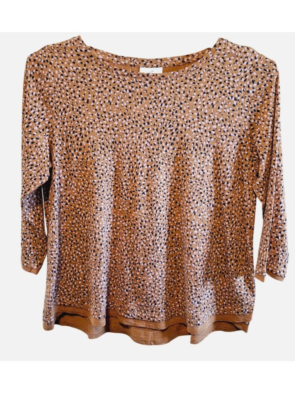 J. Jill Womens Petite M Spotted Print 3/4 Sleeve Top Brown/Black Cotton Tencel B